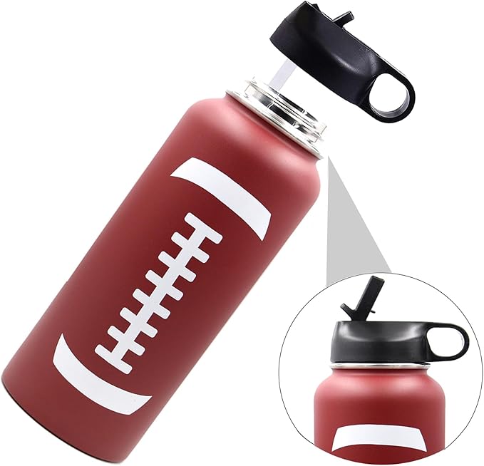 40 oz Football Water Bottle with Straw, Wide Mouth Sports Flask Metal Travel Tumbler with 2 Lids, Stainless Steel Double Wall Vacuum Insulated Thermo Water Jug, Football Gear Gifts for Boys Girls - Bloomnest