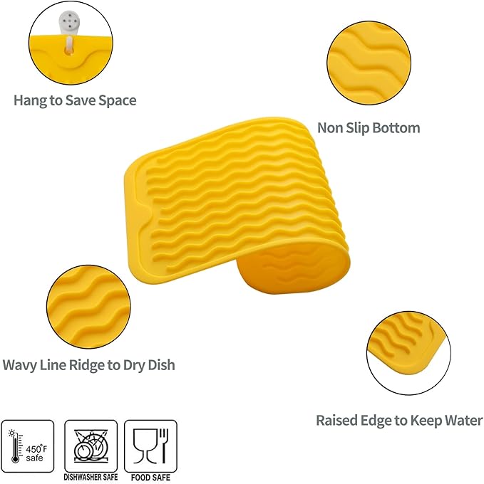 Silicone Dish Drying Mat for Multiple Usage,Easy clean,Eco-friendly,Heat-resistant Silicone Mat for Kitchen Counter or Sink,Refrigerator or Drawer Liner Yellow S 12 inches x 6 inches - Bloomnest