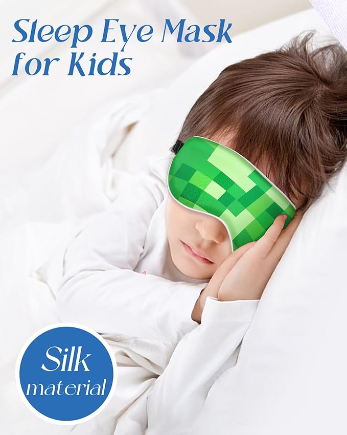 Sleep Mask for Kids - Cute Kawaii Cartoon Silk Sleeping Mask with Adjustable Strap Soft Smooth Light Eye Mask for Sleeping Silk Kids Eye Cover for Boys Girls Teens, Green Grid World - Bloomnest