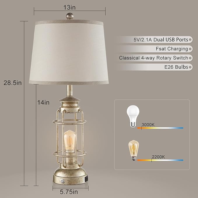 28.5" Retro Industrial Table Lamp for Living Room Bedroom Set of 2 Dimmable Touch Control Bedside Farmhouse Lamps with USB A+C Charging Ports and 2 Light Sources - Bloomnest