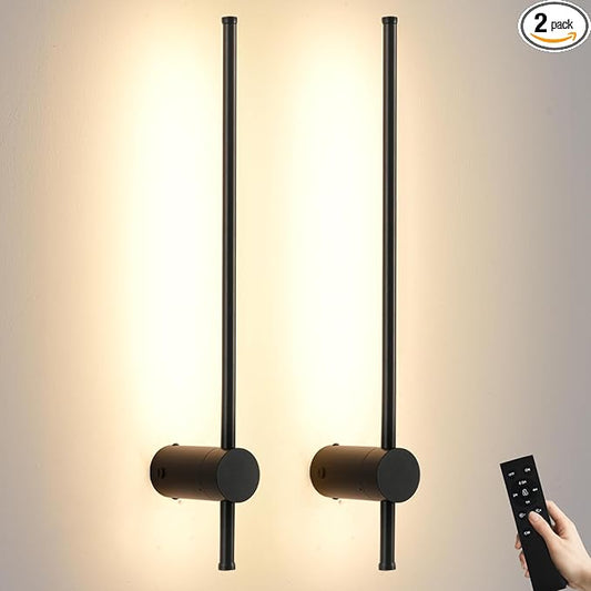 LED Wireless Wall Sconce with Remote Control, Dimmable/350° Rotate/Timing/USB Rechargeable Battery Powered Indoor Wall Lamps, 23.6 inch Black Wall Lights Set of Two for Hallway, Living Room, Bedroom - Bloomnest