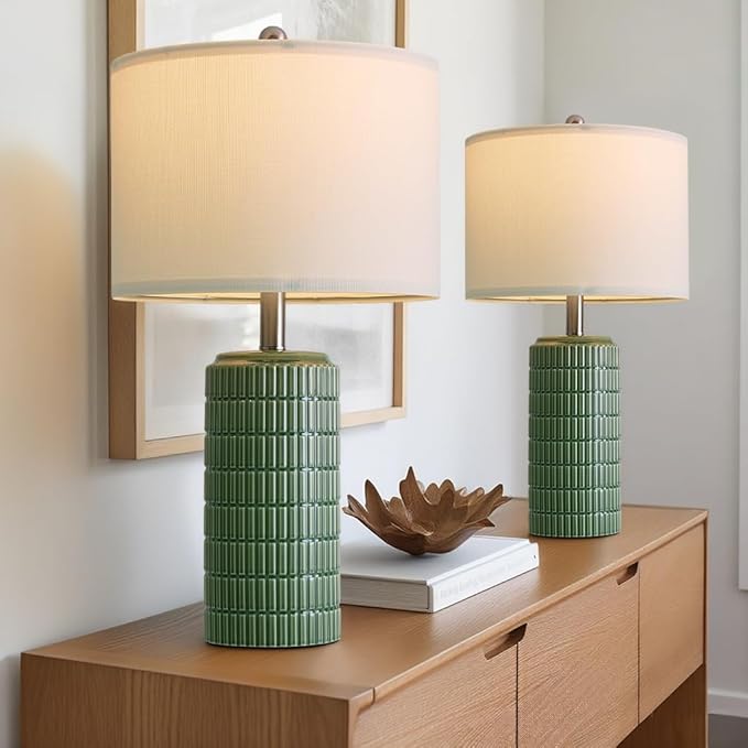 PoKat 24" Modern Ceramic Table Lamps Set of 2 for Bedroom, Green Bedside Lamps for Night Stands, Farmhouse House Decor Nightstand Table Lamps for Living Room End Table Green - Bloomnest
