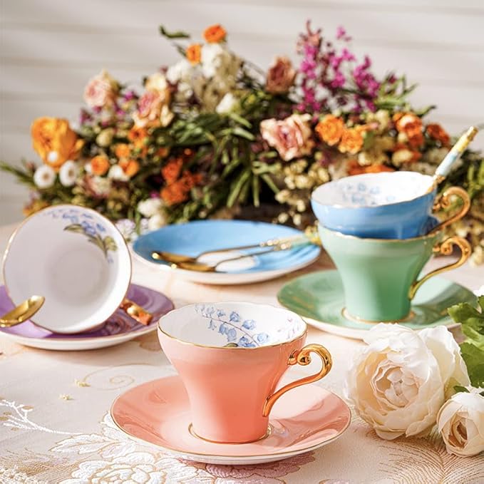 Aynsley Handpainting Colored Glaze Lily of the Valley Corset Fine Bone China English Tea Cup and Saucer Set, 6.1 oz (Orange) - Bloomnest