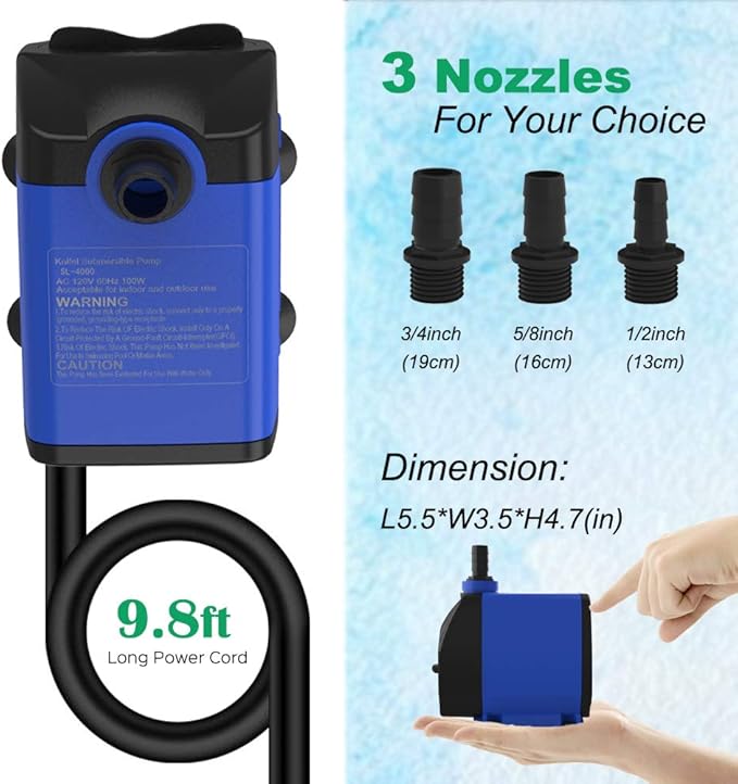 Submersible Pump 1056GPH (4000L/H 85W) Ultra Quiet with Over Heating Protection 9.8ft Power Cord for Fountains, Hydroponics, Ponds, Aquariums & More… - Bloomnest