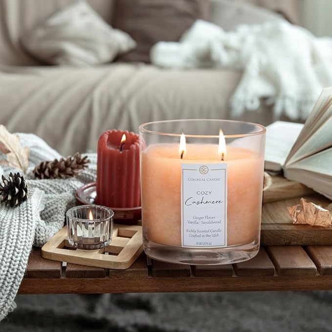 Colonial Candle Cozy Cashmere Scented Candle Jar, Highly Fragranced Candles for Home Scented, Mottled Wax Candle, 2 Wick, 8 oz - Made in The USA - Bloomnest