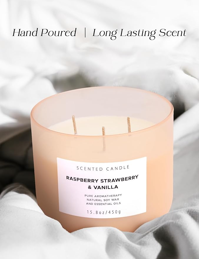 Raspberry Strawberry Vanilla 3 Wick Candle - Large 15.8 oz Soy Scented Candle, Strong Throw & Long Lasting - Fruity Berry Vanilla Candle - Aromatherapy Gift Candle for Home - Bloomnest