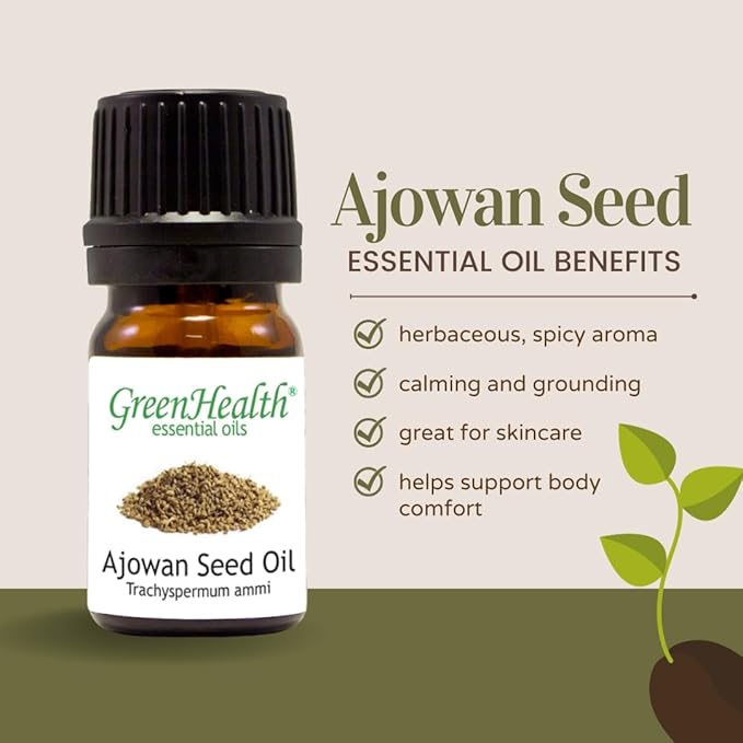 Ajowan Seed Essential Oil – 2 fl oz (59 ml) Glass Bottle w/Cap – 100% Pure Essential Oil – GreenHealth Greenals