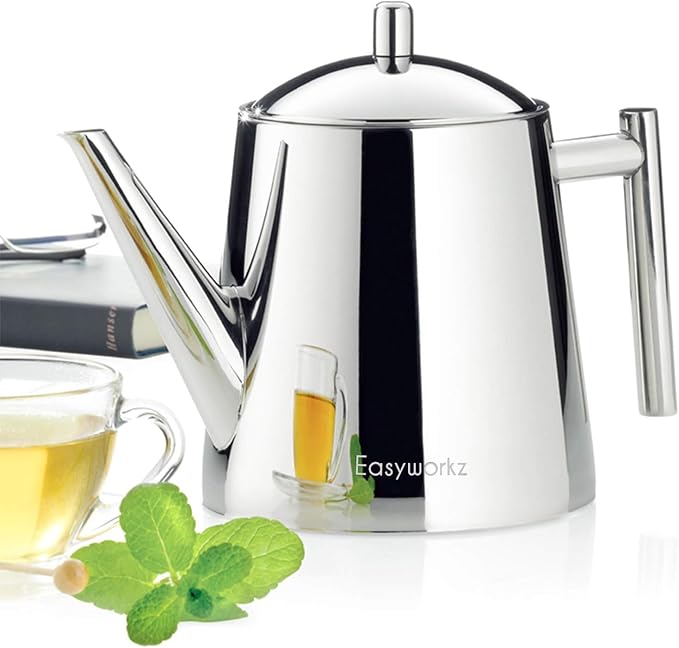 Easyworkz Stainless Steel Double Wall 34 oz Tea Pot with Removable Tea Infuser, Perfect for Brewing Your Favorite Tea, Chrome - Bloomnest