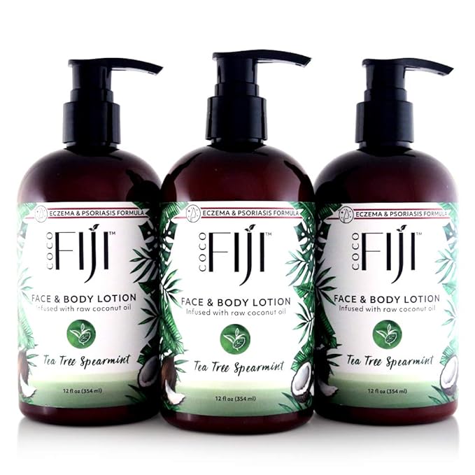 Coco Fiji Face & Body Lotion Infused With Coconut Oil | Lotion for Dry Skin | Moisturizer Face Cream & Massage Lotion for Women & Men | Tea Tree Spearmint 12 oz, Pack of 3 - Bloomnest