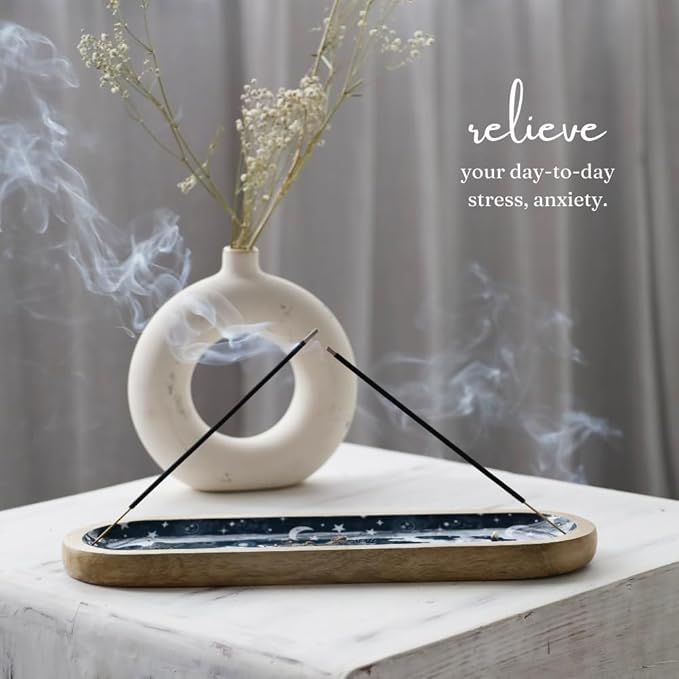 The Art Box Hand-Painted Incense Burner Holder Dark Blue - 12x4x1 inch Wooden Long Incense Stick Tray Holder for Modern Gift, Ash Catcher Incense Stick Holder - Meditation & Yoga - Bloomnest