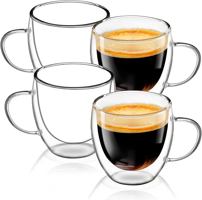 Espresso Cups Set of 4, 5 OZ Expresso Shots Glass Cups, Double Walled Glass Coffee Mugs with Handles, Espresso Machine Accessories, Insulated Espresso Shot Glasses, Clear Nespresso Cup for Cappuccino - Bloomnest