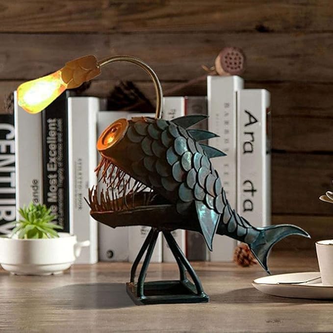 CAFELE Rustic USB Angler Fish & Shark Lamp - Steampunk Style Table Light, Simulation Flame LED Bulbs, Handmade Night & Book Light, Industrial Creative Decor for Home/Office (Small) - Bloomnest
