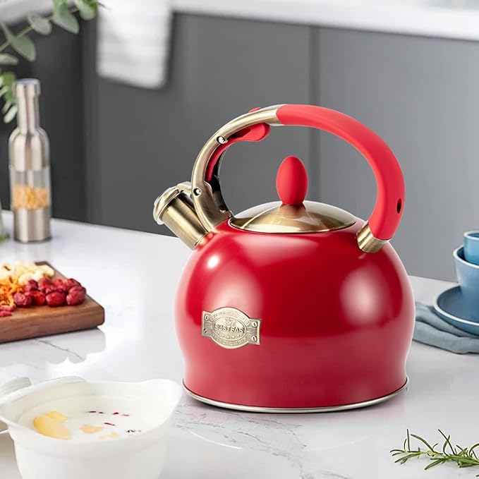 SUSTEAS Stove Top Whistling Tea Kettle - Food Grade Stainless Steel Teakettle Teapot with Cool Touch Ergonomic Handle, With 1 Silicone Pinch Mitt Included, 2.64 Quart(RED) - Bloomnest