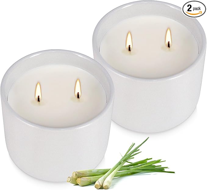 2-Pack Large Citronella Scented Candles - White Ceramic Double-Wick, Natural Soy Wax, Decorative Geometric Jar for Patio, Garden & Outdoor Decor - Bloomnest