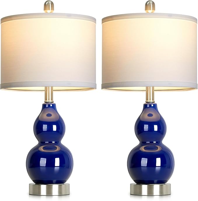22" Double Gourd Ceramic Table Lamps Set of 2, Navy Blue Modern Bedside Lamps for Living Room, Contemporary Nightstand Desk Lamps for Bedroom End Table Home Office Decor(2 LED Bulbs Included) - Bloomnest