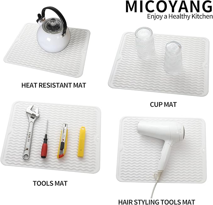 Silicone Dish Drying Mat for Multiple Usage,Easy clean,Eco-friendly,Heat-resistant Silicone Mat for Kitchen Counter or Sink,Refrigerator or drawer liner White L 16 inches x 12 inches - Bloomnest