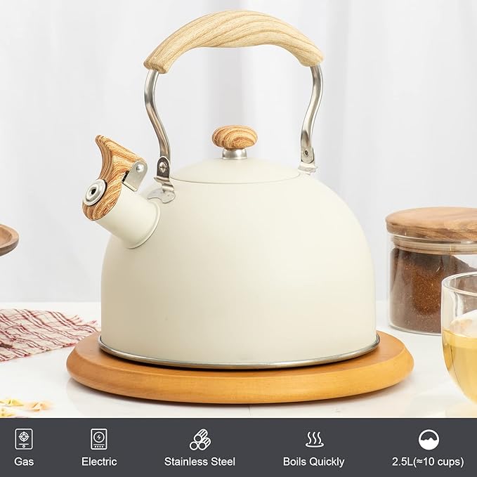 2.6 Quart/2.5 L Whistling Tea Kettles with Wood Grain adjustment Nylon Handle, Capsule Base Tea Kettle, White (White) - Bloomnest