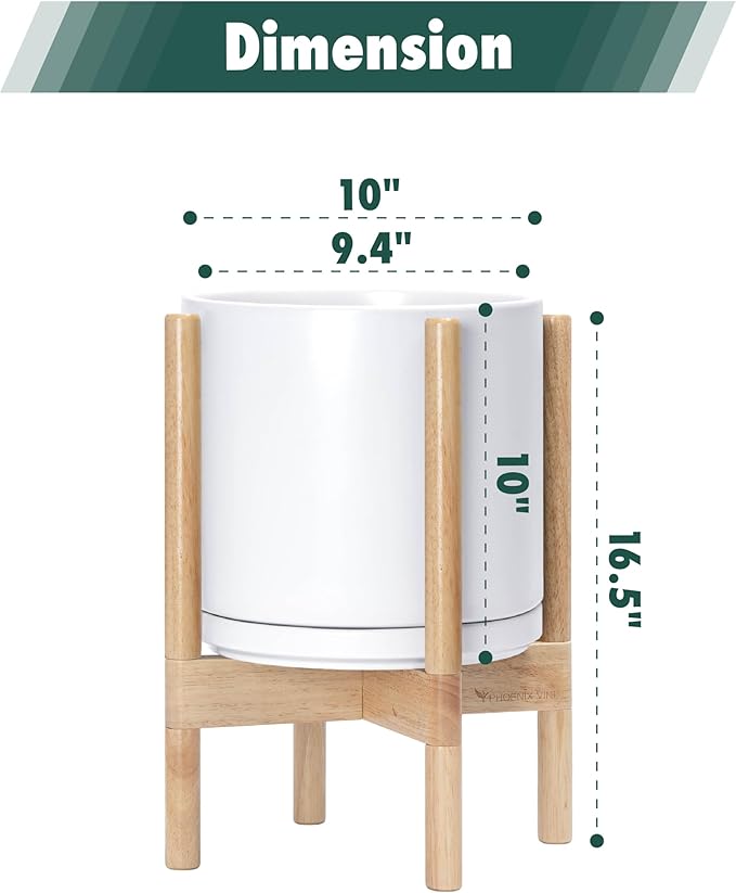 D'vine Dev Ceramic Planter with Natural Stand - 10 Inch Modern Round Flower Pot with Wood Planter Holder, White, 55-B-K-1 - Bloomnest