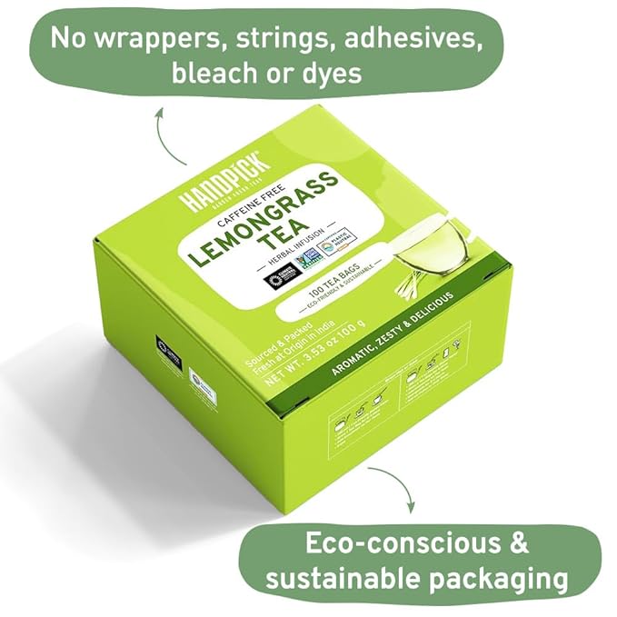 HANDPICK, Lemongrass Tea Bags (100 Count) Non-GMO, Caffeine Free - Quality Lemongrass Herbal Tea- Eco-conscious Round Tea Bags | Brew Hot or Iced Tea - Bloomnest