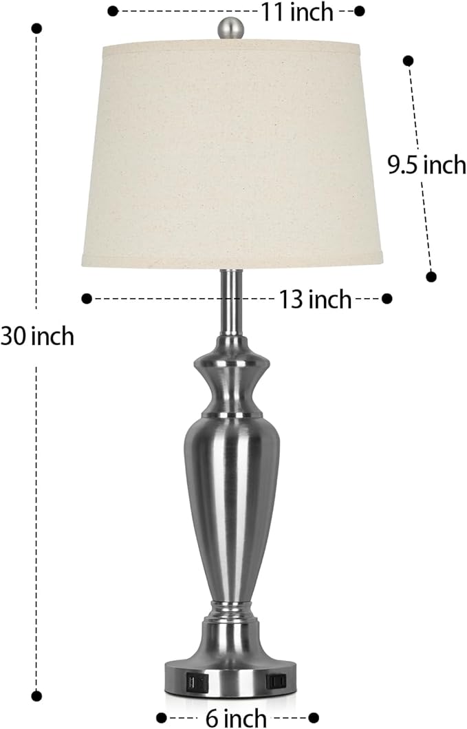 30" Tall Silver Table Lamps Set of 2 for Living Room, 3-Way Dimmable Touch Control Bedside Lamps for Bedroom Nightstand with USB A+C Ports & AC Outlet (2 LED Bulbs Included) - Bloomnest