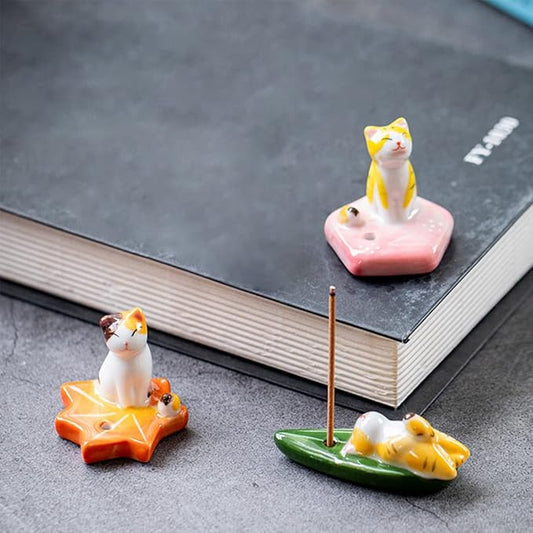 Set of 3, Japanese Mini Cute Kitty Cat Handmade Ceramic Incense Stick Holder or Incense Burner Holder, Adorable Animal Theme Inscent Tray for Home Decor Yoga Spa Meditation, 1.57 inch - Bloomnest