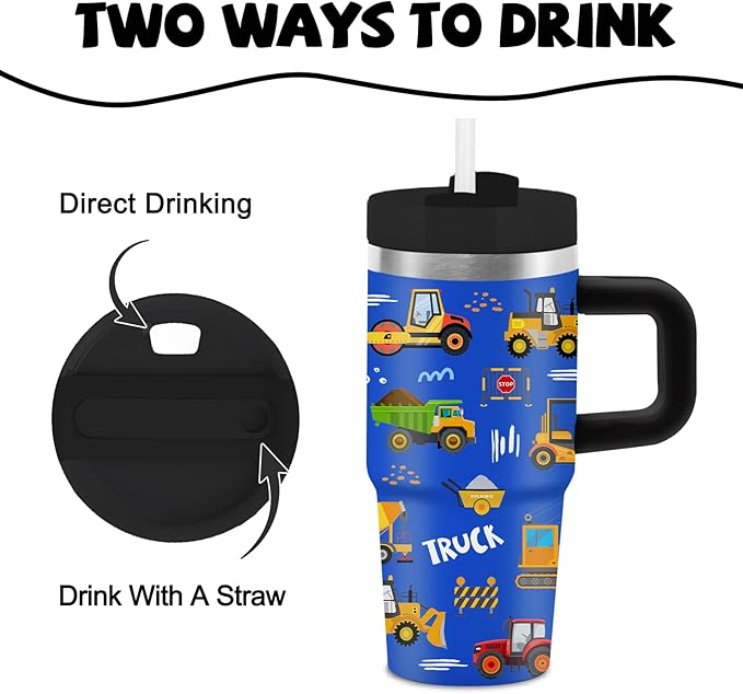 Construction Tumbler with Handle Straw for Kids 14oz, Insulated Stainless Steel Cup for Boys, Birthday Christmas Back to School Gifts for Kids Boys - Bloomnest