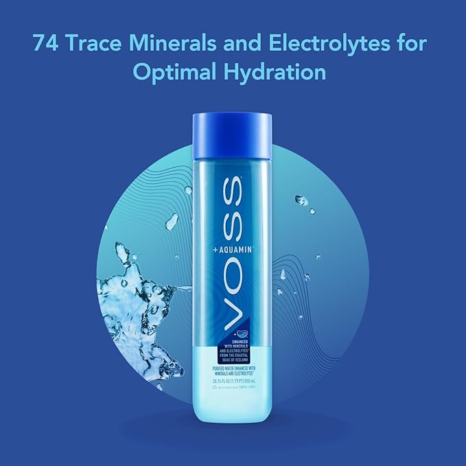 VOSS+ Aquamin Enhanced Water - Pack of 12 Bottles, 850ml Each - Purified Hydrating Water - 74 Trace Minerals & Electrolytes - Perfect for Active Lifestyles, at the Gym & on Hot Days - Recycled PET Bottle - Bloomnest