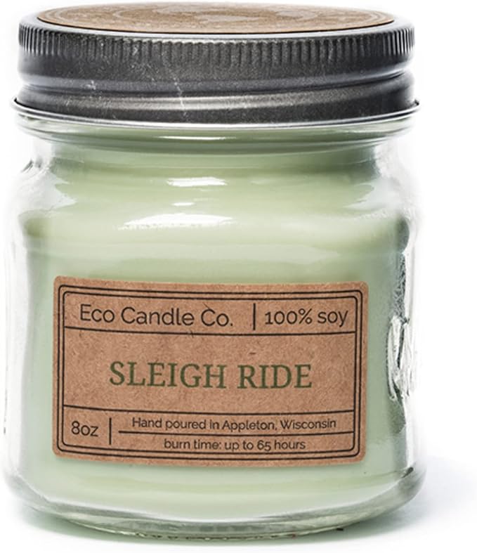 ECO CANDLE CO. Mason Jar Candle, Sleigh Ride, 8 oz. - Scents of Pine & Orange - 100% Soy Wax, No Lead, Kraft Label & Antiqued Pewter Lid, Hand Poured, Phthalate Free, Made from Midwest Grown Soybeans - Bloomnest