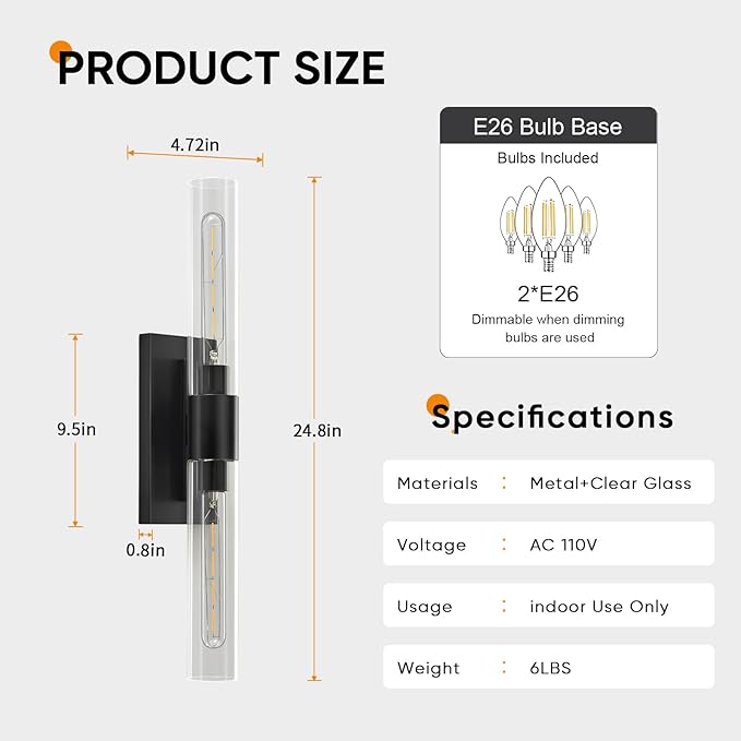 24.8" L Wall Sconces 2-Lights Black Wall Lights Fixtures Morden Cylinder Wall Light for Bathroom Vanity Light Indoor Wall Mounted Lamps for Living Room,Bedroom,Hallway - Bloomnest