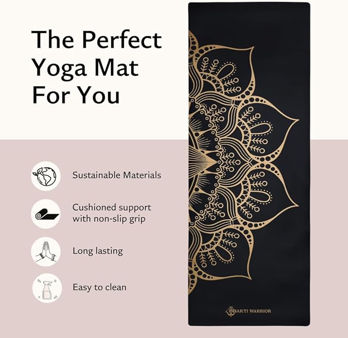 Shakti Warrior Shanti PU Yoga mat - Artist Designed, Premium eco friendly mats, Non Slip, Non Toxic, Great for Regular & Hot Yoga, Pilates and Work out (72 inch x 28 inch x 5mm Thick)k out (72 inch x 28 inch x 5mm Thick)