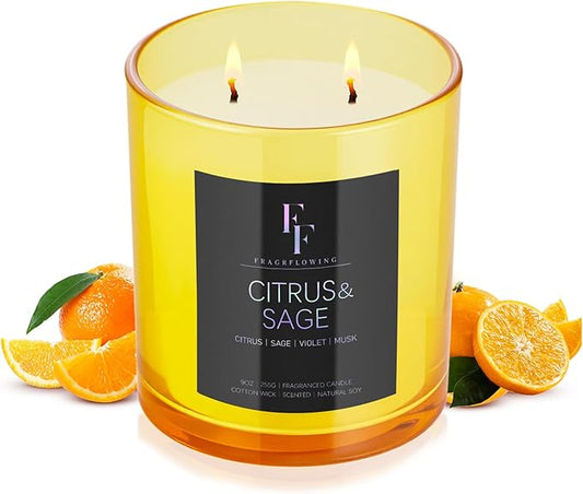Citrus & Sage Scented Candle, 2-Wick Luxury Soy Wax Candle, 9 oz Aromatherapy Candle Home Fragrance Candles Gift - Bloomnest