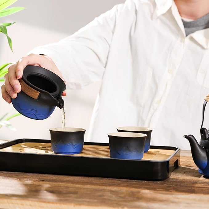 LURRIER Gongfu tea sets, Portable Ceramic TeaSet, Asian Tea sets for adult, Tea Gift sets, Grey leather case, Portable Travel Bag,Home,Gifting,Outdoor and Office(Black and Blue) - Bloomnest