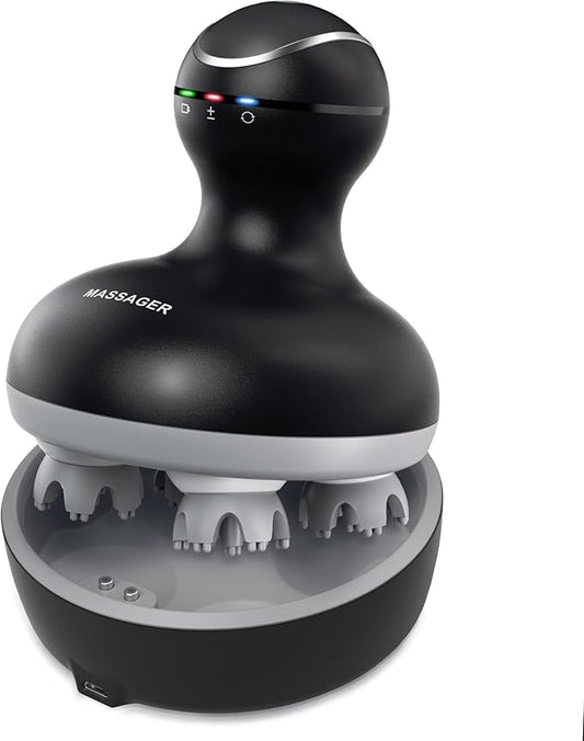 cotsoco Electric Scalp Head & Back Massager, Cordless Hair Massage Waterproof Head Massager with 4 Heads 84 Nodes for Hair Growth, Stress Relief & Deep Clean, Gifts for Men Women, Black cotsoco