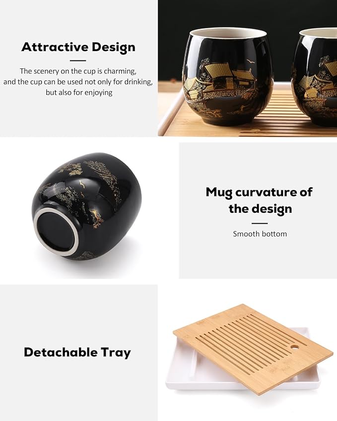Dujust Japanese Tea Set, Black Porcelain Tea Set with 1 Teapot Set, 6 Tea Cups, 1 Tea Tray, 1 Stainless Infuser, Beautiful Asian Tea Sets for Adults, Tea Lover/Women/Men (Countryside in Golden) - Bloomnest