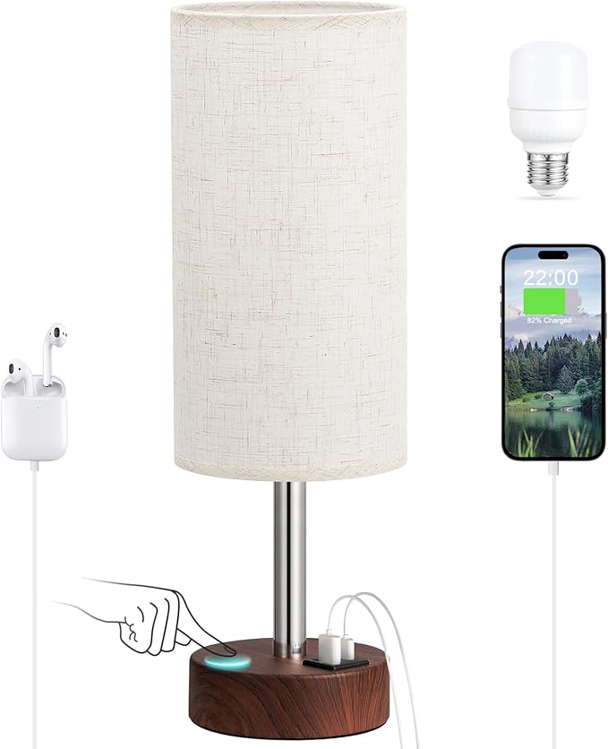 Dicoool Touch Bedside Table Lamp with USB - 3 Way Dimmable Redwood Lamps for Bedroom Nightstand, Desk Lamp with Charging Station for Dorm, Living Room, Office, Kids Room, Nursery - Bloomnest