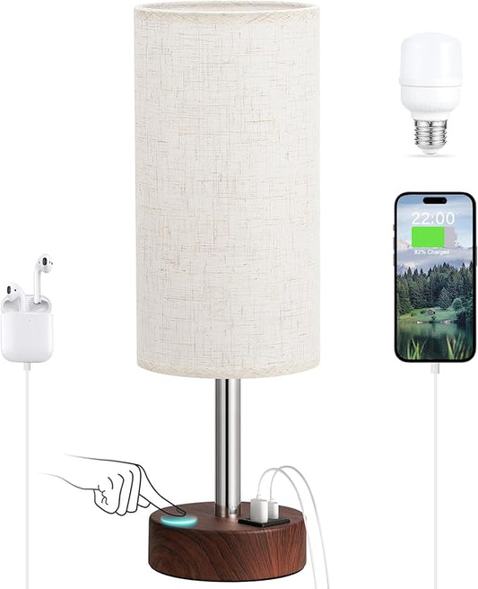 Dicoool Touch Bedside Table Lamp with USB - 3 Way Dimmable Redwood Lamps for Bedroom Nightstand, Desk Lamp with Charging Station for Dorm, Living Room, Office, Kids Room, Nursery - Bloomnest