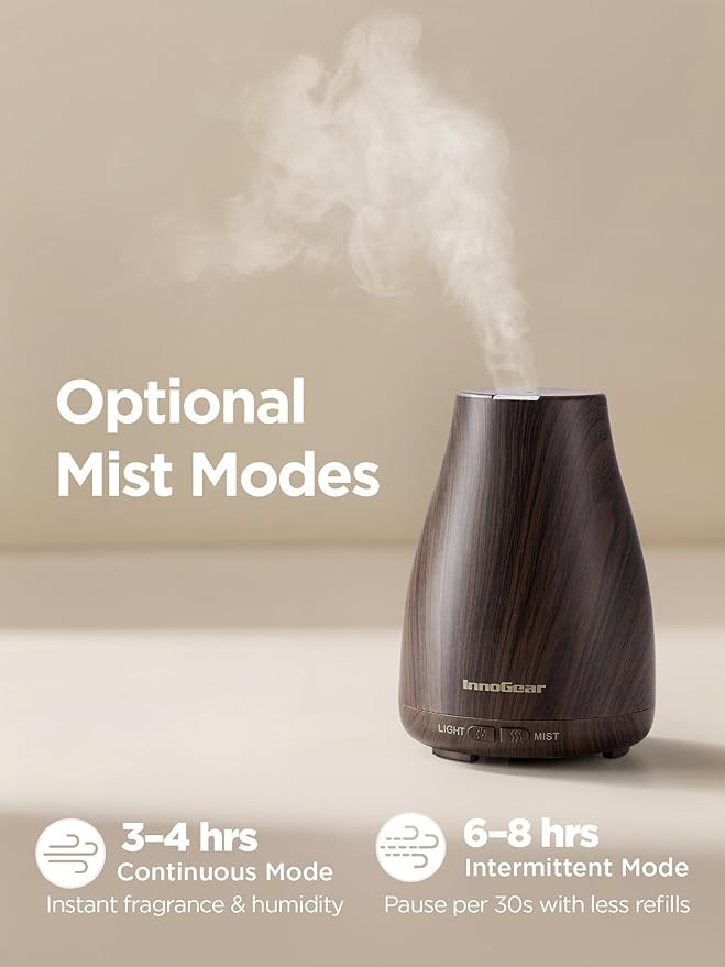 InnoGear Essential Oil Diffuser, Ultrasonic Diffusers for Home Aromatherapy Humidifier for Bedroom Room 7 Colors LED 2 Mist Mode Auto Off, Brown - Bloomnest
