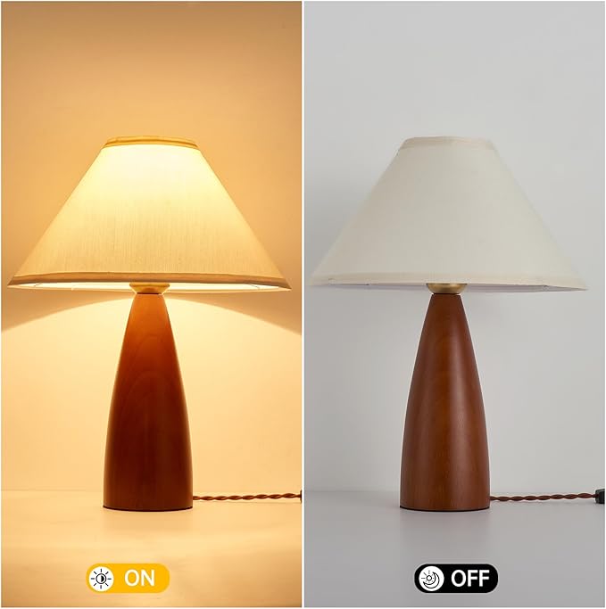 Bedside Table Lamp for Bedroom, Mid-Century Modern Plug in Fabric Shade & Solid Wood Base Desk Lamp, Plug & Play Warm Brown Nightstand Lamp for Living Room, Office, Switch Power Cord 【Bulb Included】 - Bloomnest