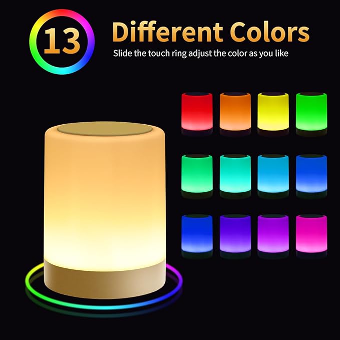 OORUN Touch Bedside Table Lamp,13 RGB Colors & 5 Brightness, USB Rechargeable Desk Lamp, Remote Control Dimmable Light with RGB Color Changing,Portable Lamp for Baby (Gold) - Bloomnest