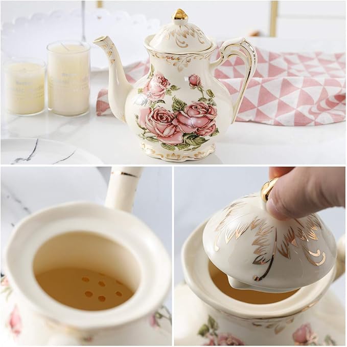 YOLIFE Iovry Rose Teapot, 35oz/ 4 Cup Ceramic Tea Pot with Infuser for Loose Leaf Tea, Vintage Floral Teapot and Gold Trim - Bloomnest