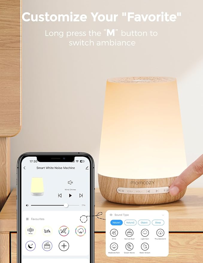 Baby Sound Machine, Momcozy White Noise Machine for Baby Sleeping with Night Light, Toddler Sleep Trainer with 34 Soothing Sounds, Timer, App Remote Control, Personal Sleep Routine(Wood Grain) - Bloomnest