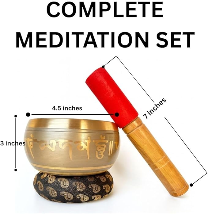 Tibetan Singing Bowl Set - Meditation Sound Bowl | Spiritual Gift for Women and Men Handmade Yoga Accessories (4" Engraved) GUAAFA