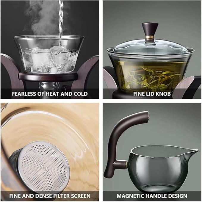 Lazy Kungfu Drip TeaPot, Heat Resistant Tea Set, Semi-Automatic Glass Teapot Suit for Magnetic Water Flow Wooden Glass Teapot Set