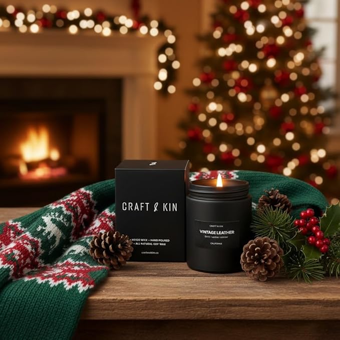 Craft & Kin Premium Vintage Leather Candle | Black Christmas Scented Candles for Men | Long Lasting with 45 Hour Burn Time, 7.6oz | Soy Holiday Candles | Aromatherapy at Home | Gifts for Men - Bloomnest