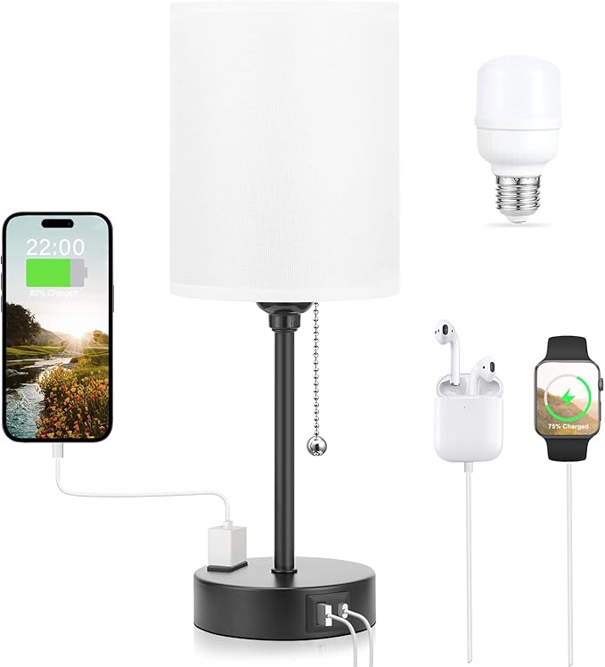 Small Bedside Table lamp for Bedroom - 3 Color Temperatures Bedside Lamps with USB C and A Ports, Pull Chain Table Lamps with AC Outlet, White Nightstand Lamps with Black Metal Base for Kids Reading - Bloomnest