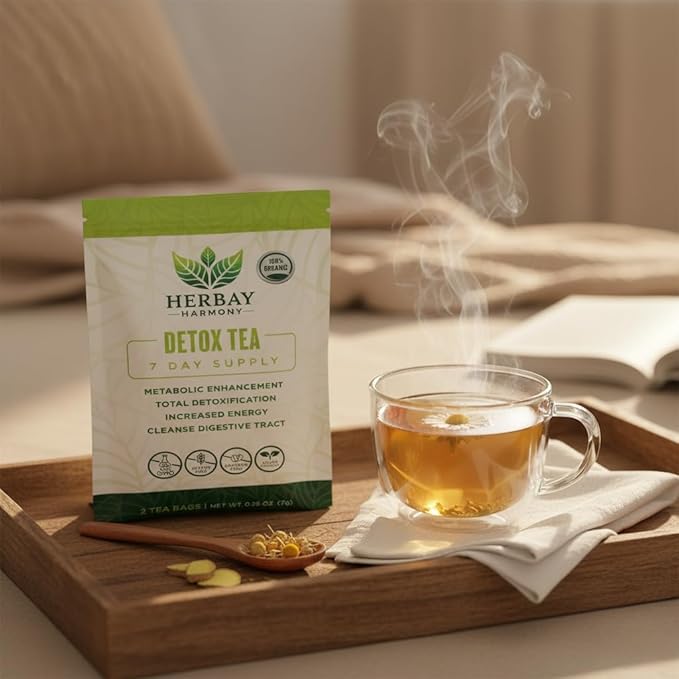 Herbay Harmony Organic Detox Tea – Caffeine-Free Herbal Cleanse for Bloating Relief, Digestive Tea & Natural Body Detox, Organic Herbal Blend with Ginger, Chamomile & Papaya - 4 Pack (4‑Week Detox Kit) - Bloomnest