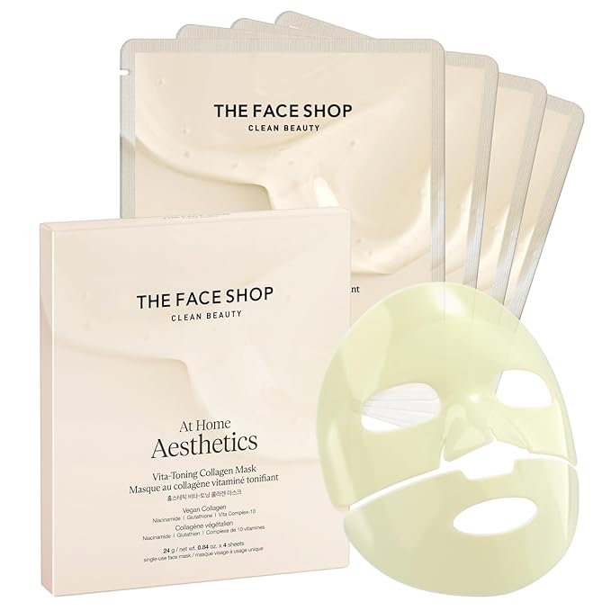 THE FACE SHOP Vita-Toning Vegan Collagen Face Mask, Korean Glass Skin Essential, Hydrogel Mask for Moisturizing & Skin Elasticity, Improves Uneven Tone, 4EA - Bloomnest