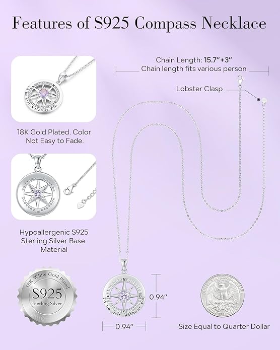 S925 Necklace Gift for Wife |Compass Jewelry |Women Anniversary |Sterling Silver |Girlfriend Birthday Gifts for Her Valentines |I'd be Lost without You |Jewel 18K Gold - Bloomnest