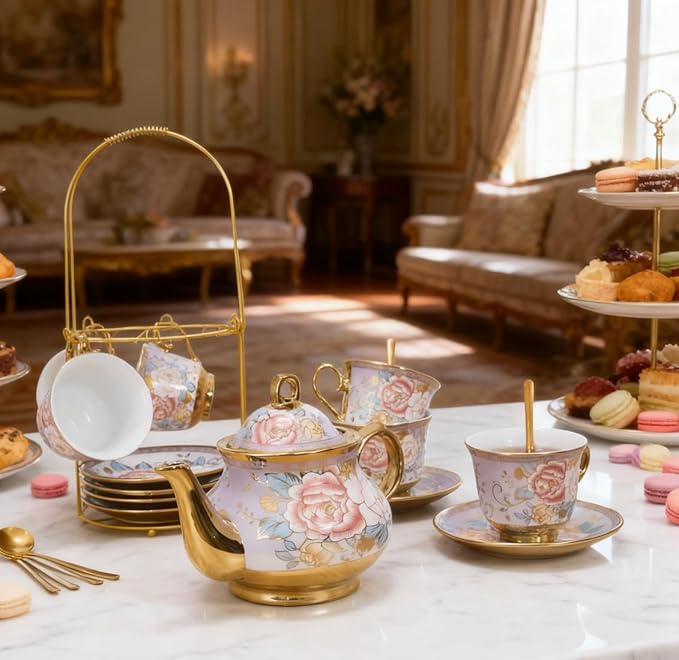 CHANJOON Gold Plated Red Rose Ceramic Tea Set, Vintage Tea Sets with Teapot, Beautiful Tea Set Coffee Serving 6 People (Purple, X Large) - Bloomnest
