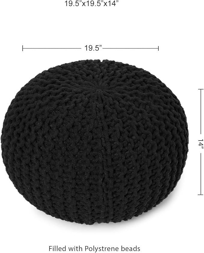 REDEARTH Round Pouf Foot Stool Ottoman - Hand Knitted Bean Bag - Cord Boho Pouffe - Cable Poof Footrest for Living Room - Nursery - Bedroom - Patio - 100% Cotton - Home Decor (19.5"x19.5"x14") - Black - Bloomnest